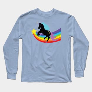 Black Unicorn With Rainbow and Stars Long Sleeve T-Shirt